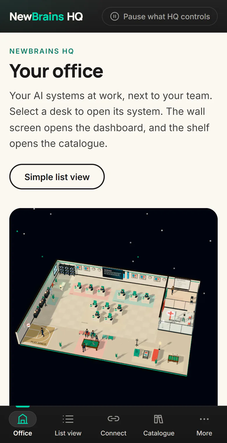 The demo office open in the browser of a phone: the 3D office with a desk for each system under the title Your office, and the menu of HQ along the bottom of the page.