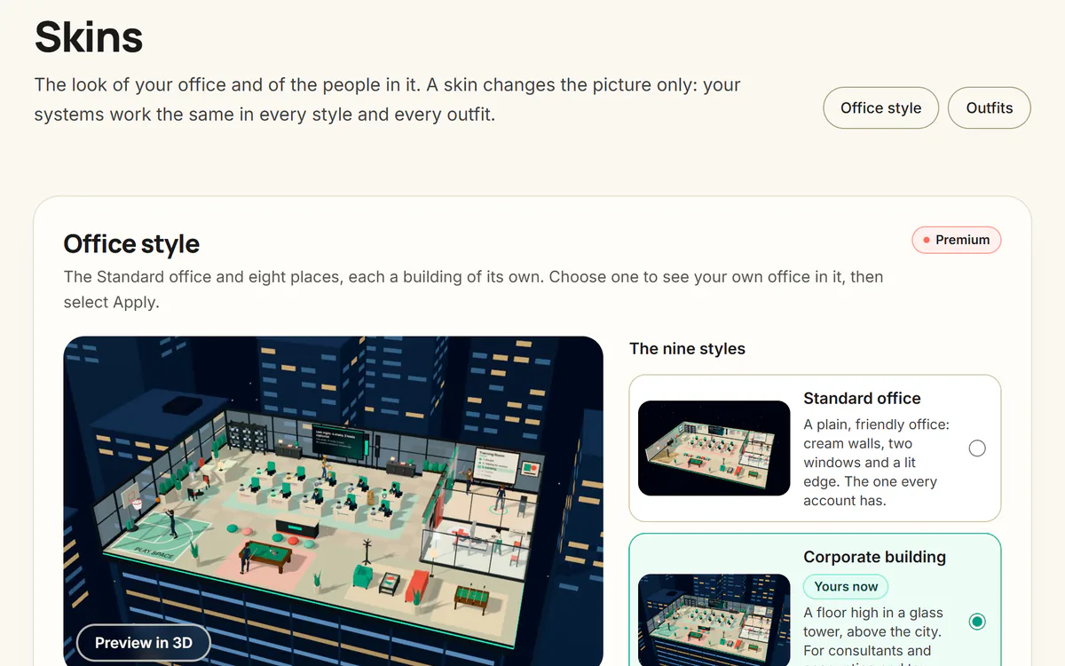 The Skins page of the demo office: the office style picker, which offers the Standard office and eight places, with a preview of the corporate building high above a city.