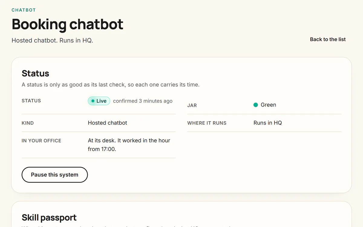 The page of one system in the demo office, a booking chatbot that runs in HQ: its status, Live, with the time it was last confirmed, and its jar, green.
